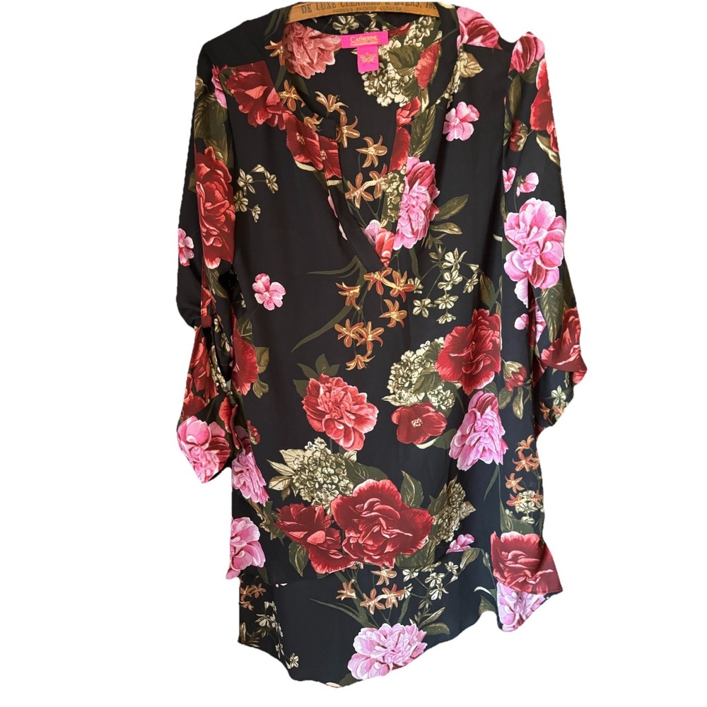 Catherine Malandrino Floral Asymmetrical Hem Tunic Hi-Lo Blouse Top Small Resort